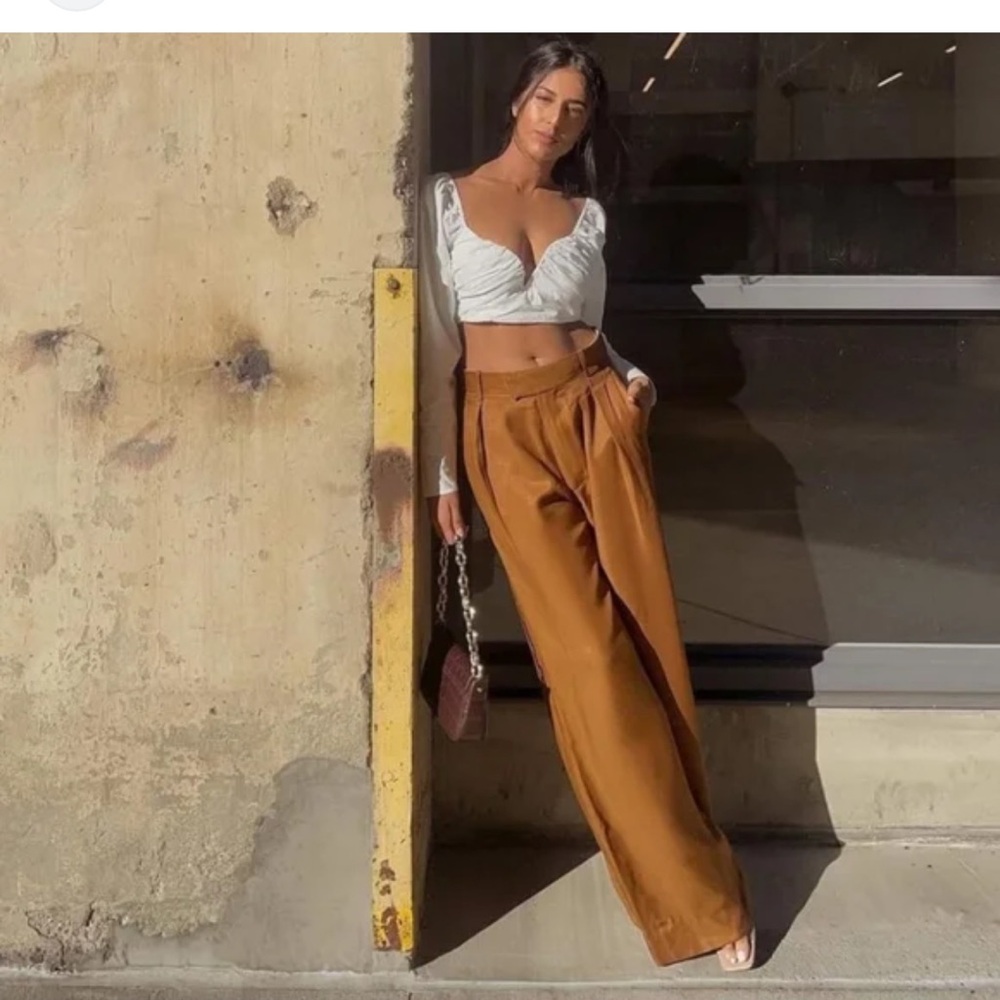 Zara Wide Leg High-Waist Satin Pants in Mustard